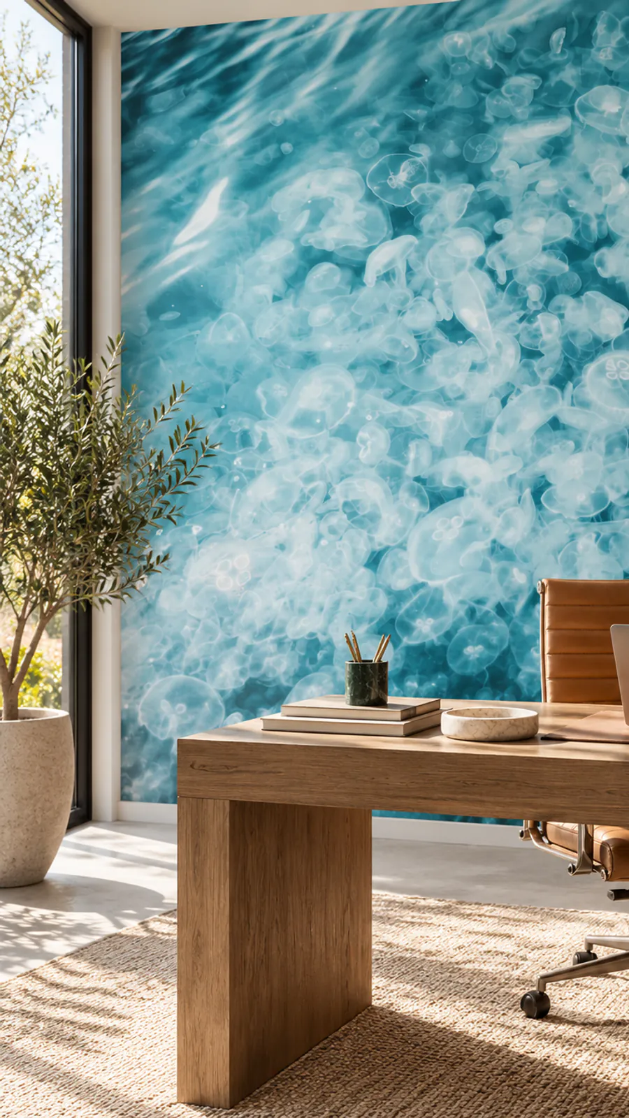 Fluorescent jellyfish in dark water wall mural, 175588065