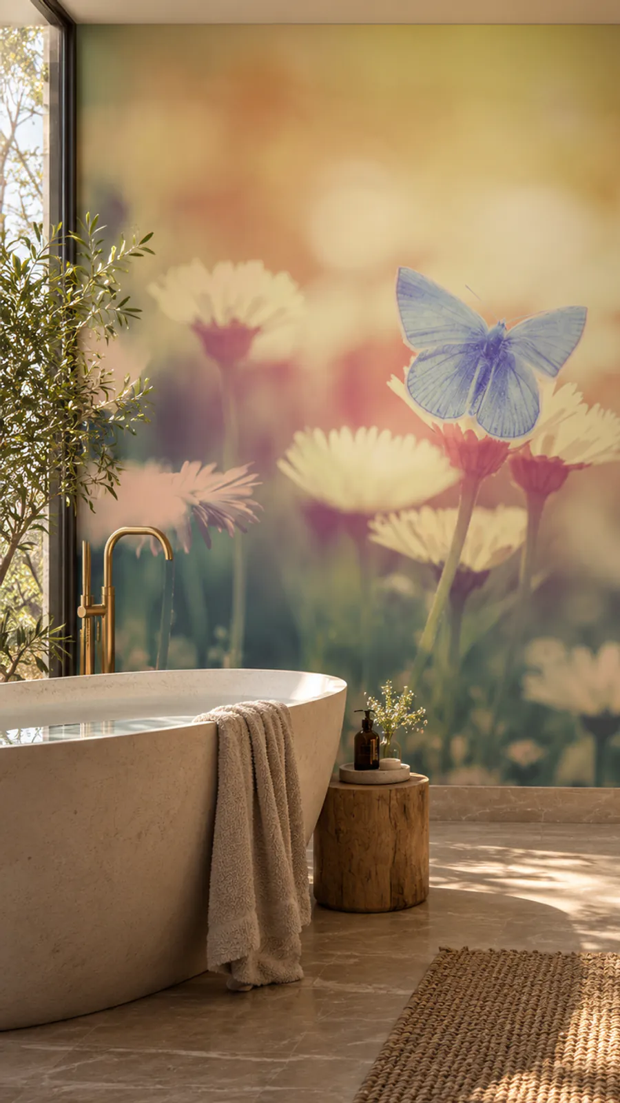 Blue butterfly on a daisy wall mural, 99856573