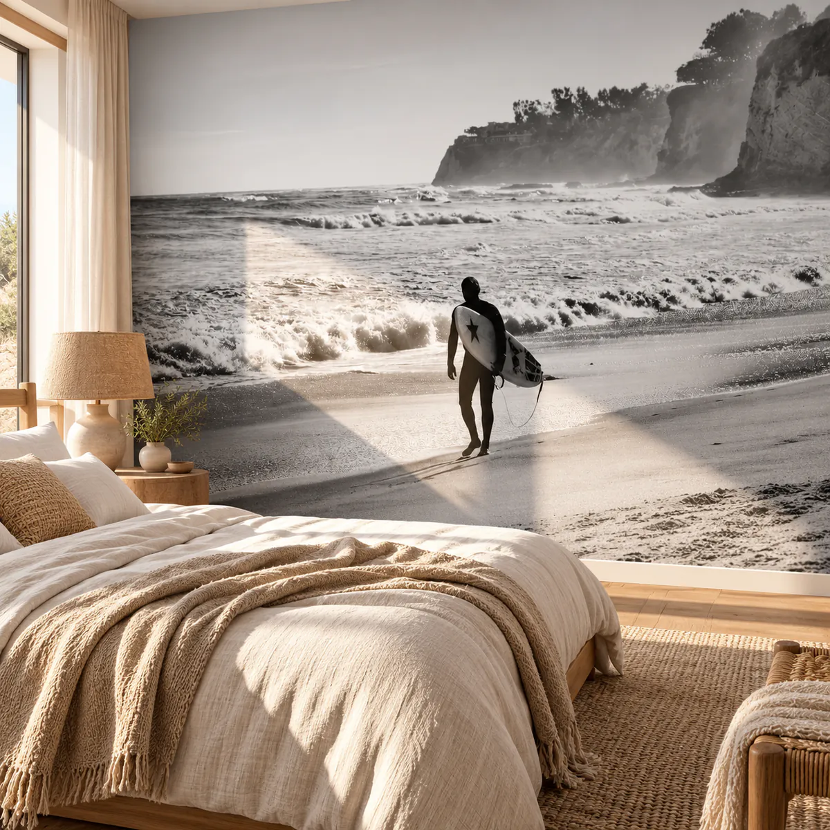 Murale noir et blanc d’un surfeur sur la plage 175928136 dans un salon