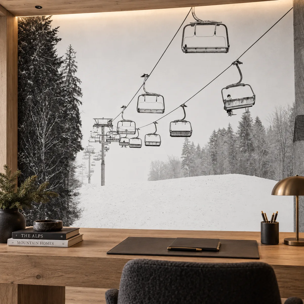 Télésiège dans une forêt enneigée en noir et blanc