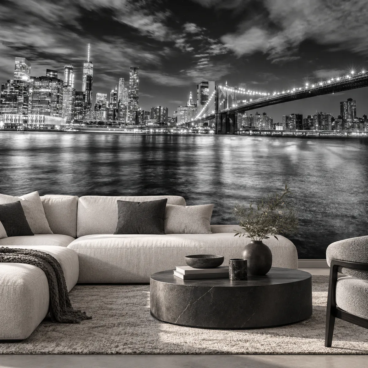 Pont de Brooklyn et Manhattan illuminés en noir et blanc