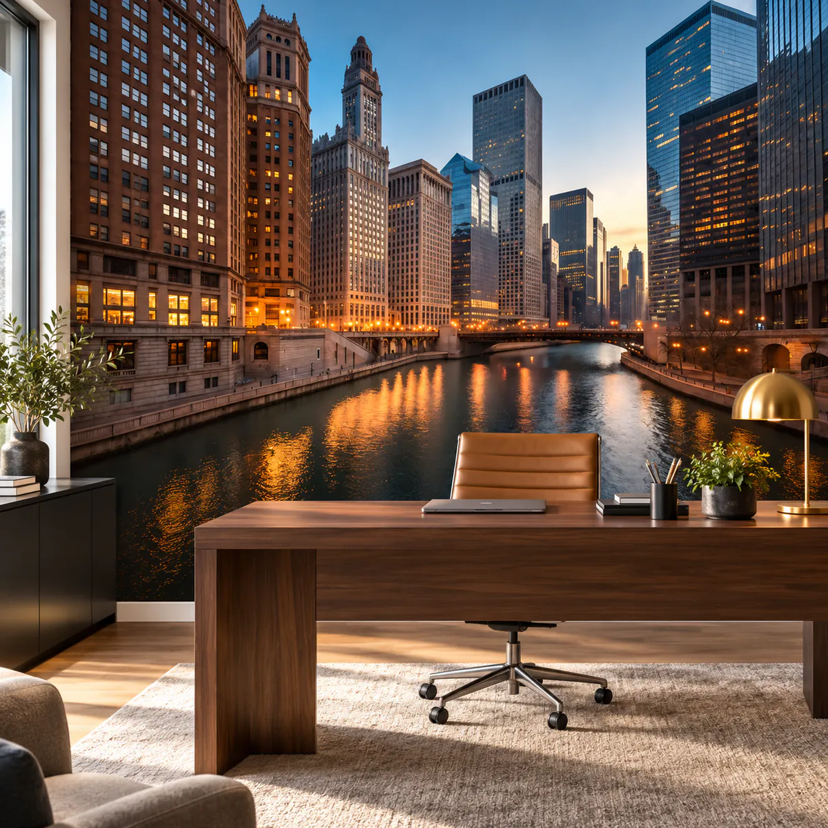 Murale panoramique de Chicago au crépuscule avec reflets sur la rivière, image no 1557616240