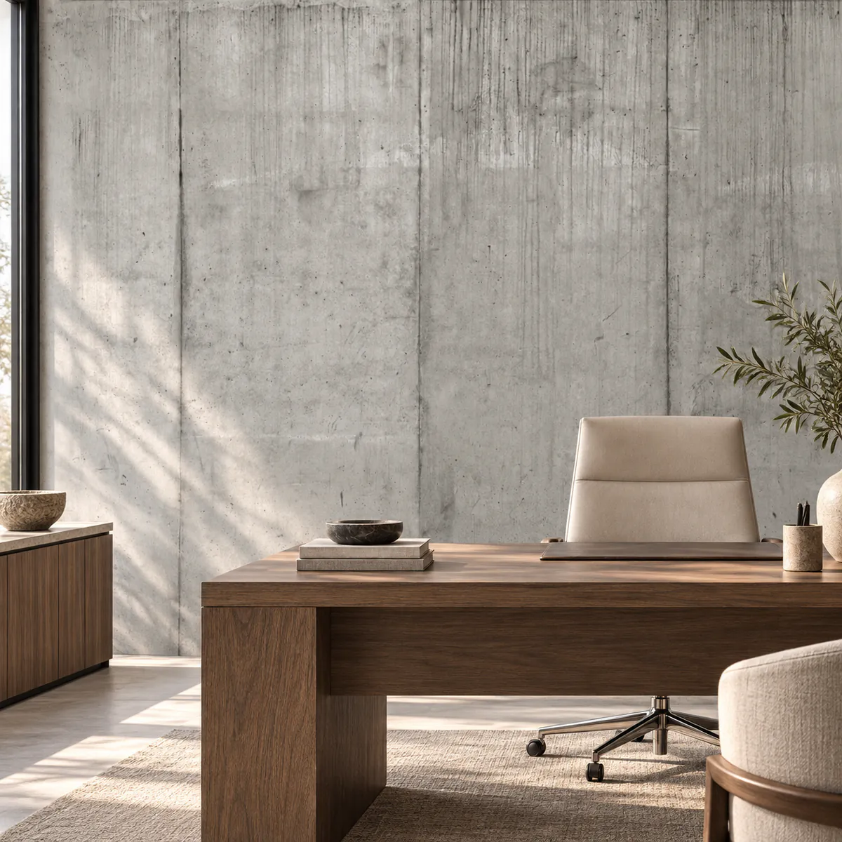 Beige concrete-effect mural 124321585 behind a grey sofa
