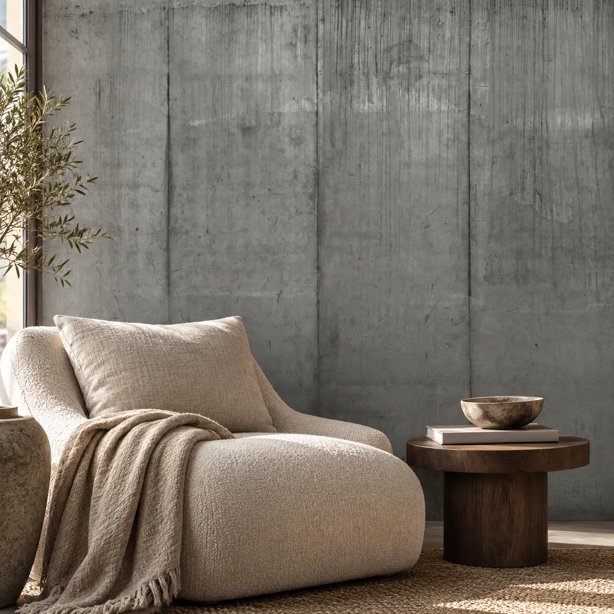 Dark beige concrete-effect mural 124321585 in a living room with a yellow chair