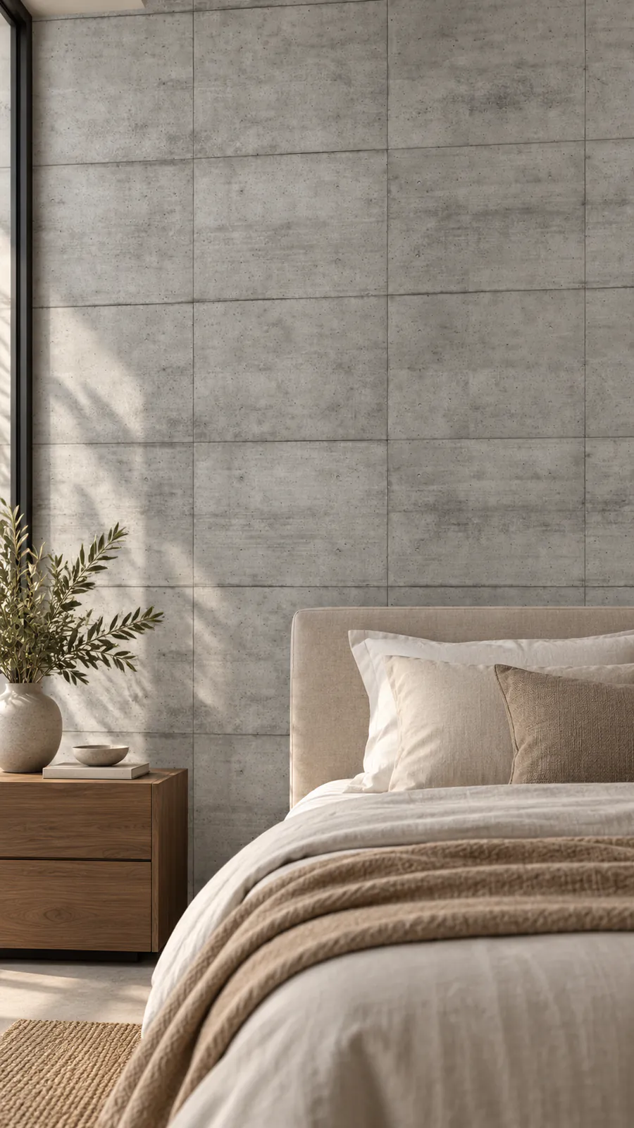 Light concrete mural with horizontal lines 117485719 behind a sofa