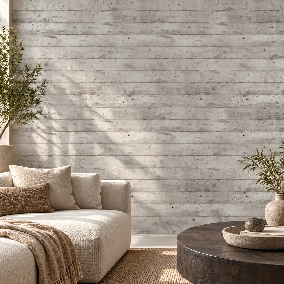Beige concrete-effect mural 642125064 in a living room with a fireplace