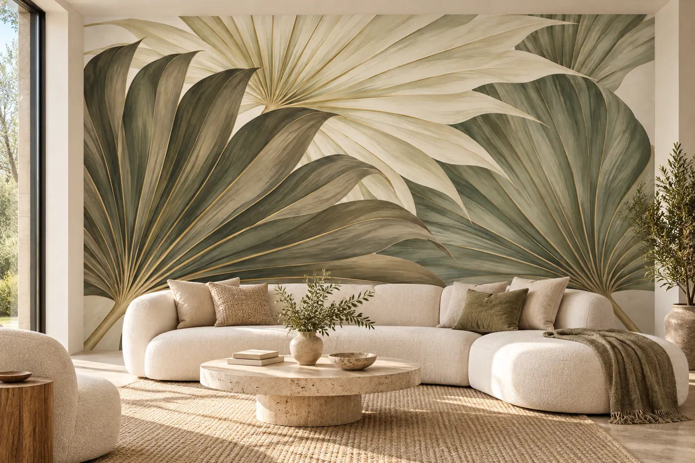 Champagne and Linen Palms wall mural MD-2603 shown in a furnished room
