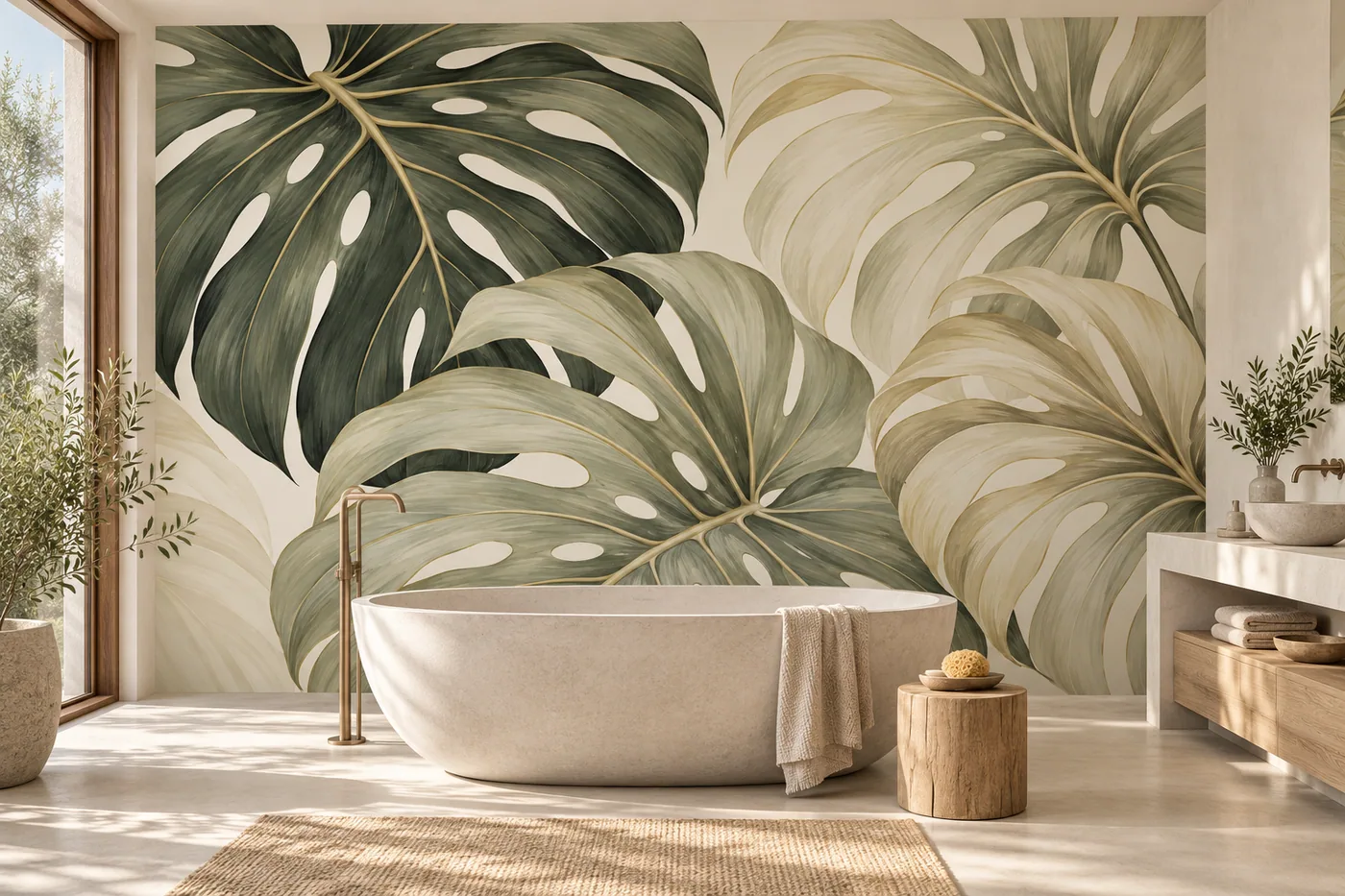 Olive and Cream Monstera wall mural MD-2604 shown in a furnished room
