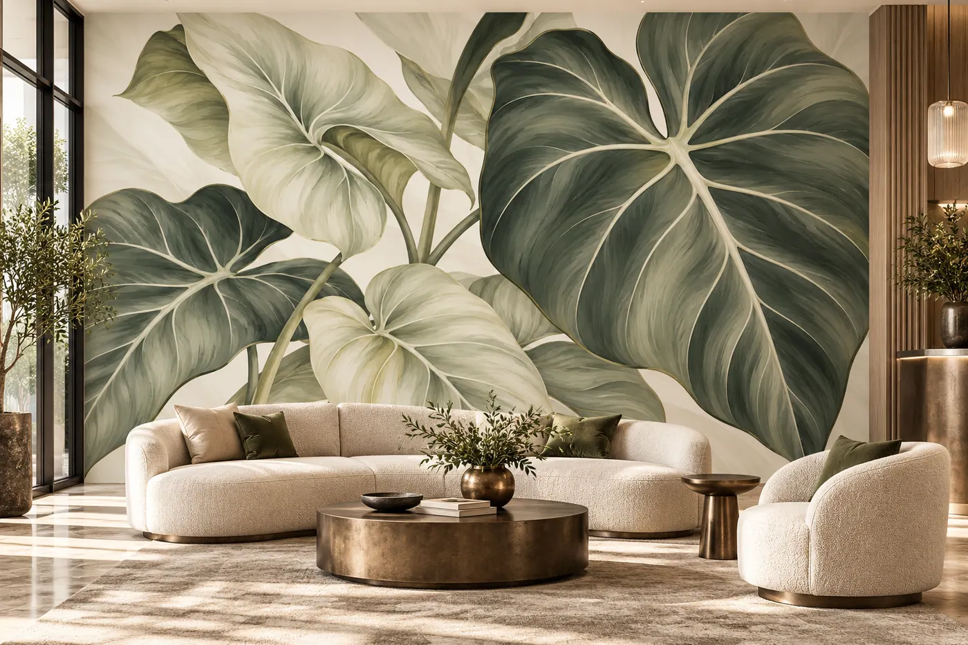 Silver Green Alocasia wall mural MD-2605 shown in a furnished room