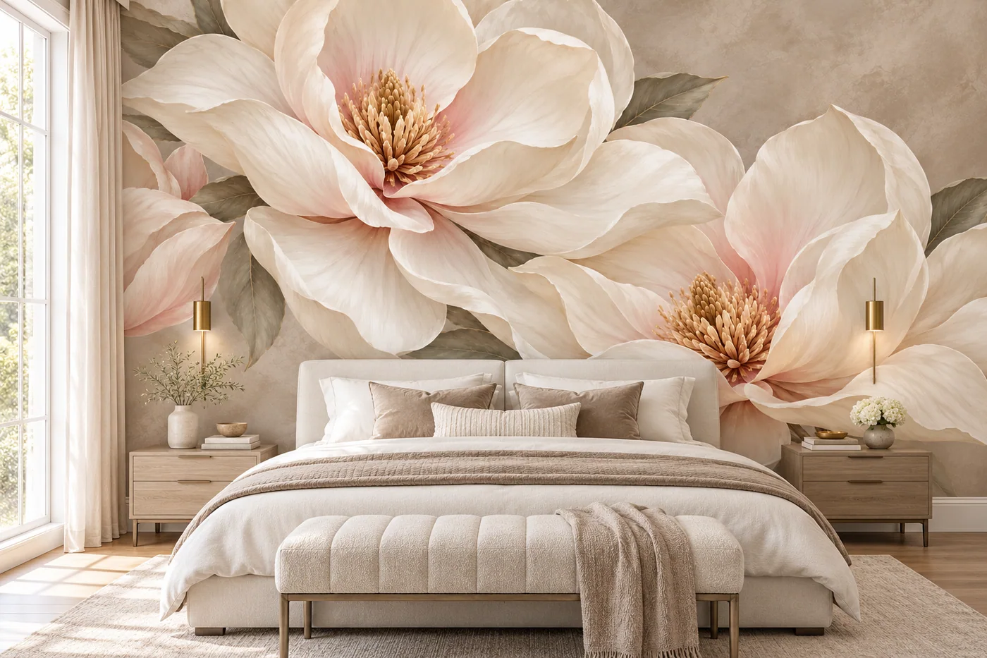 Pearlescent Magnolias wall mural MD-2606 shown in a furnished room