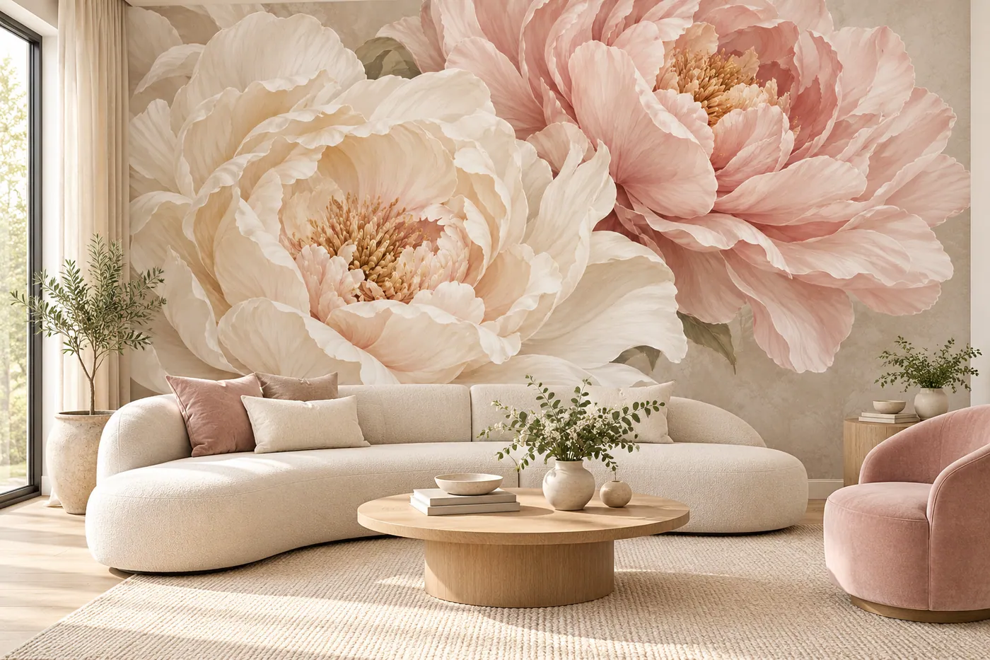 Powder Pink Peonies wall mural MD-2607 shown in a furnished room