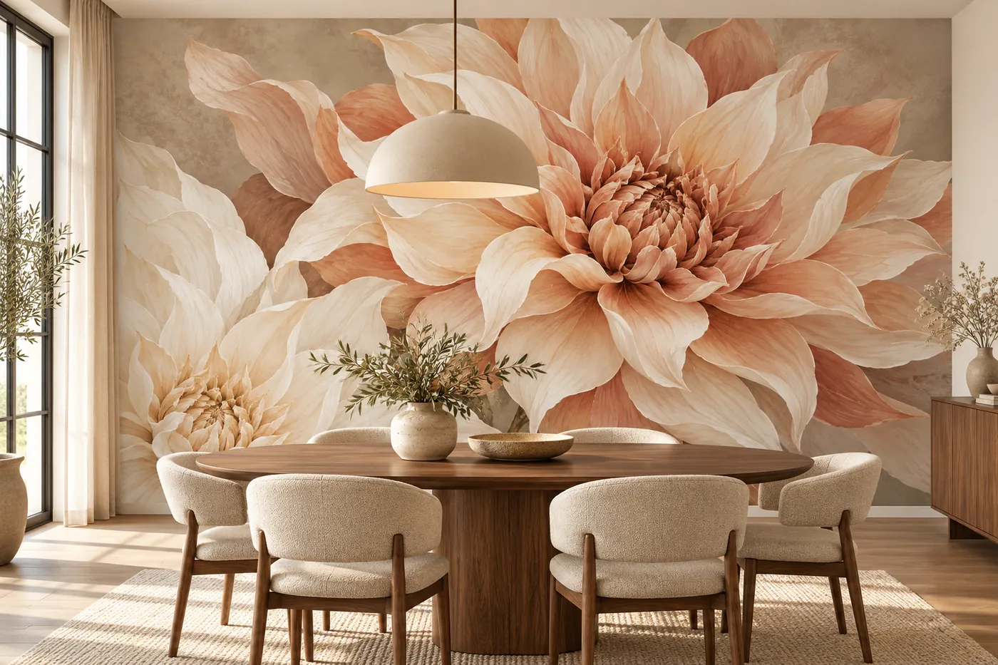 Soft Clay Dahlias wall mural MD-2608 shown in a furnished room
