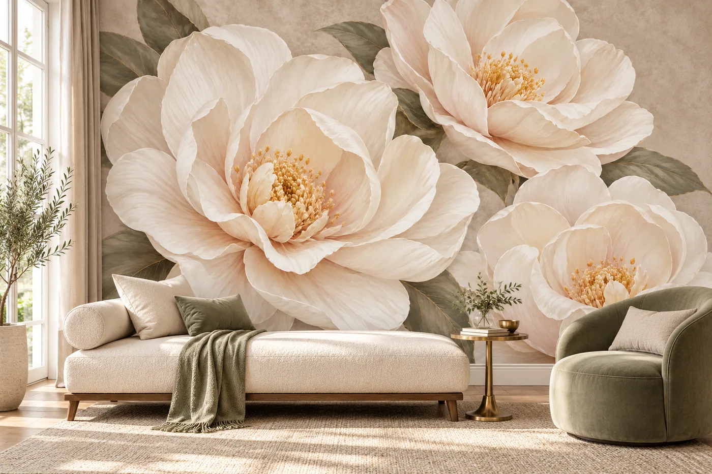 Ivory and Sage Camellias wall mural MD-2609 shown in a furnished room