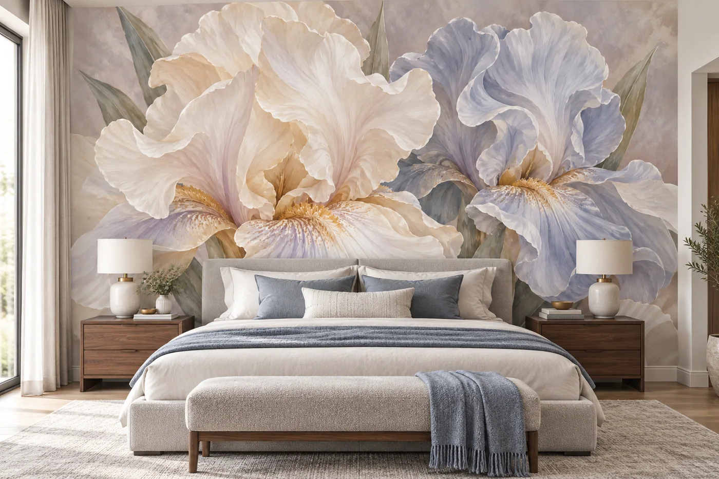 Smoky Blue Irises wall mural MD-2610 shown in a furnished room