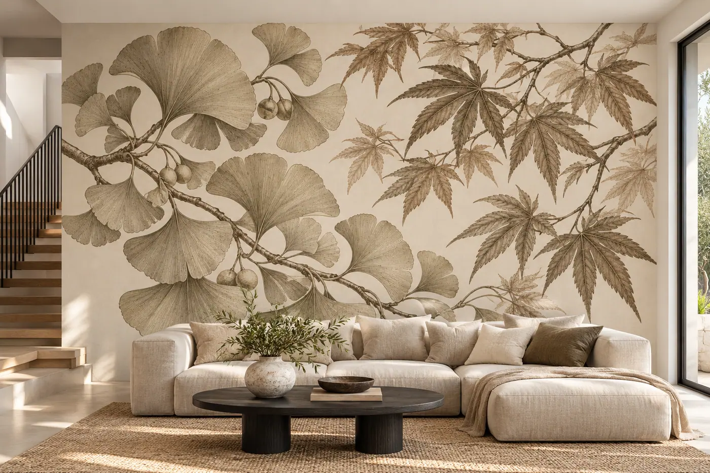 Ginkgo and Maple wall mural MD-2613 shown in a furnished room