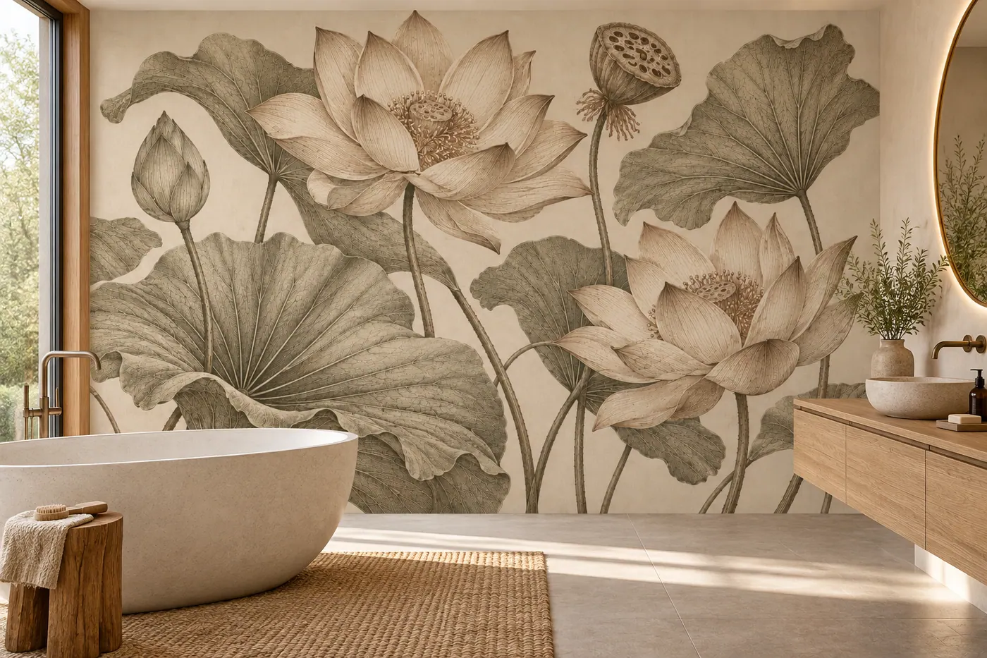 Ink Lotus wall mural MD-2615 shown in a furnished room
