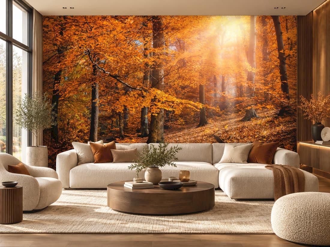 Orange autumn forest wall mural 123939034 in an upscale contemporary living room