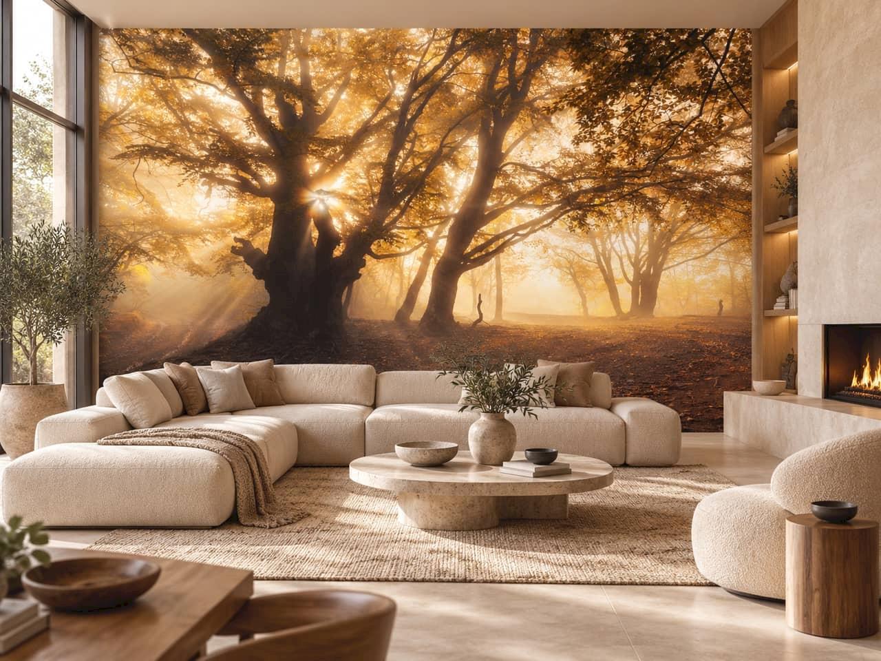 Golden forest wall mural 124548149 with a large tree in an upscale modern home