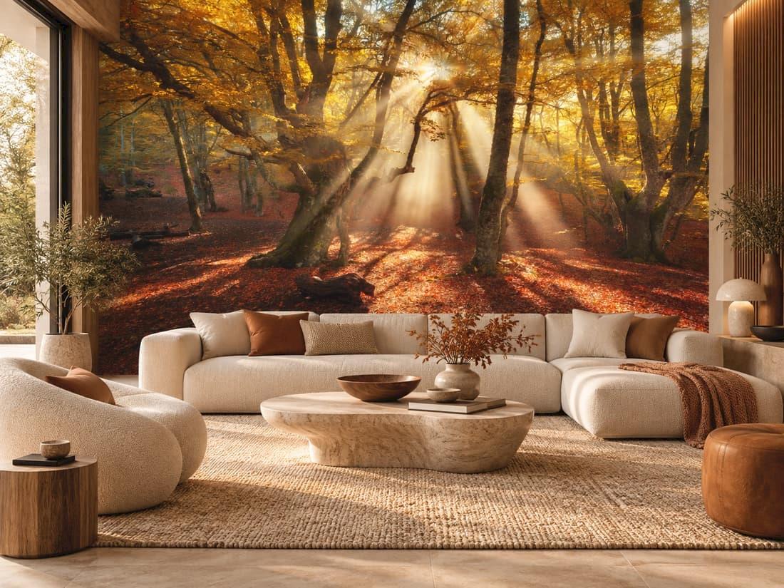 Autumn forest wall mural 125285676 with sunbeams in a modern, elegant living room