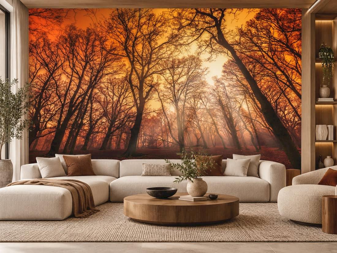 Forest sunset wall mural 130809279 in a modern, elegant living room