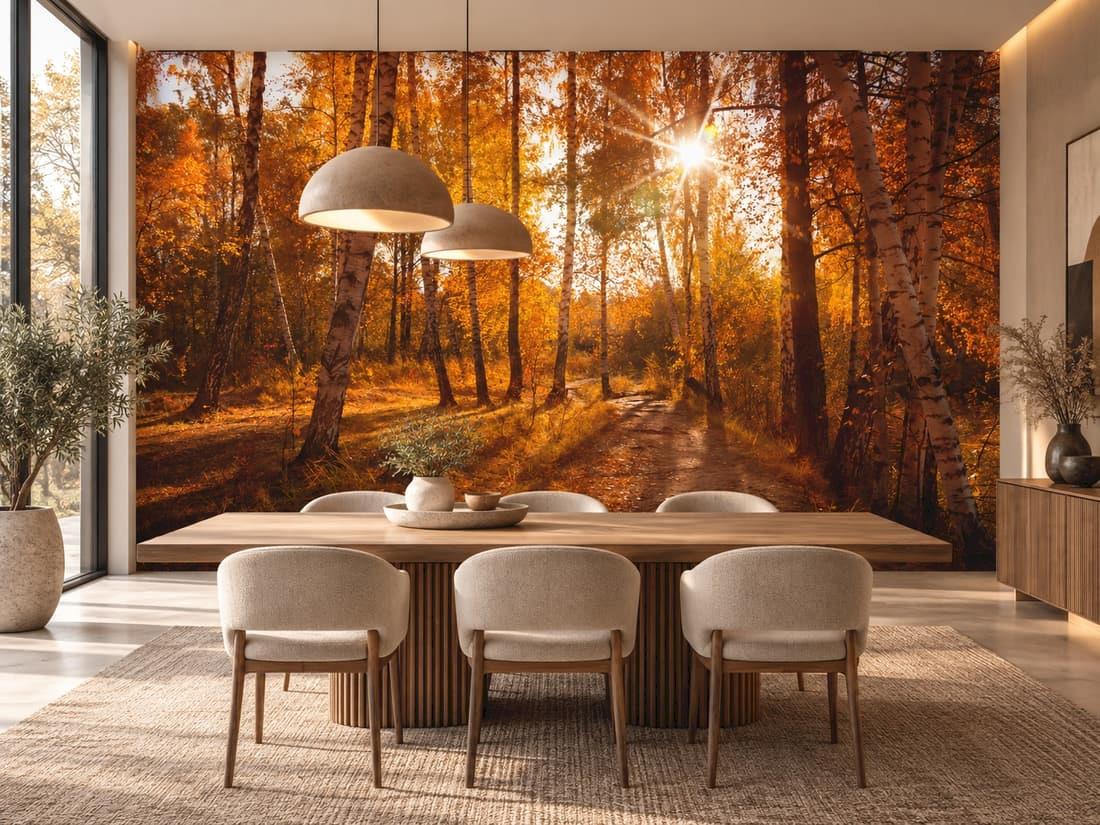 Autumn birch forest wall mural 71164251 in a modern, elegant dining room