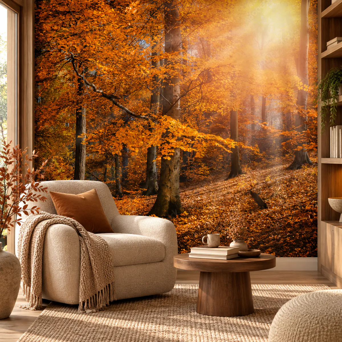 Murale de sous-bois aux feuilles orange dans un salon