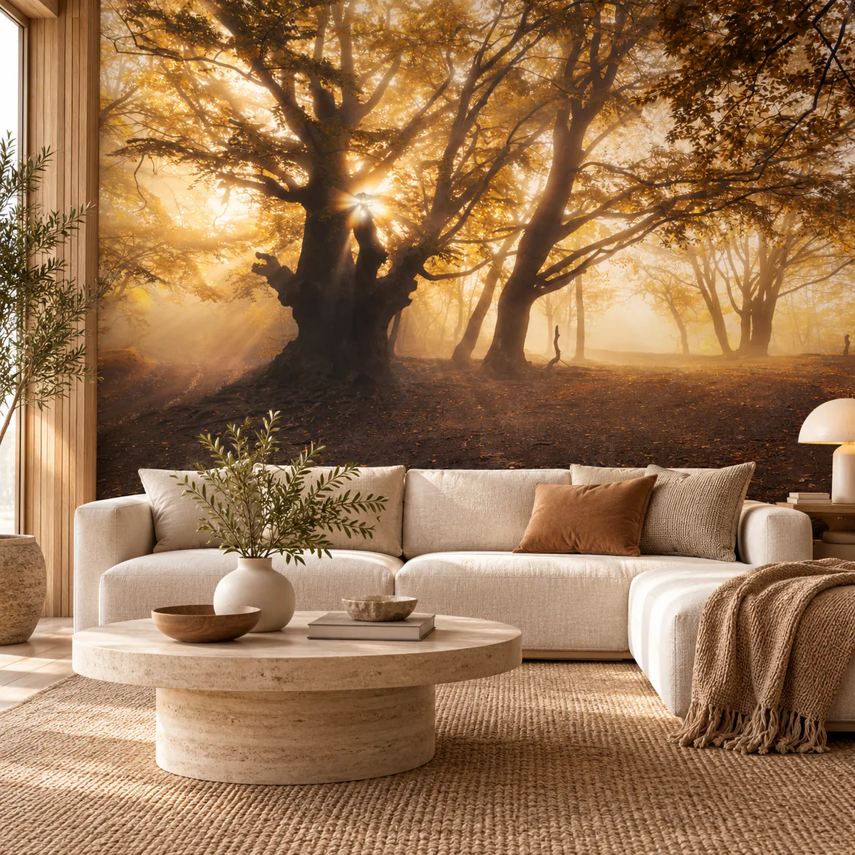 Murale de grand arbre baigné de lumière dorée dans un salon