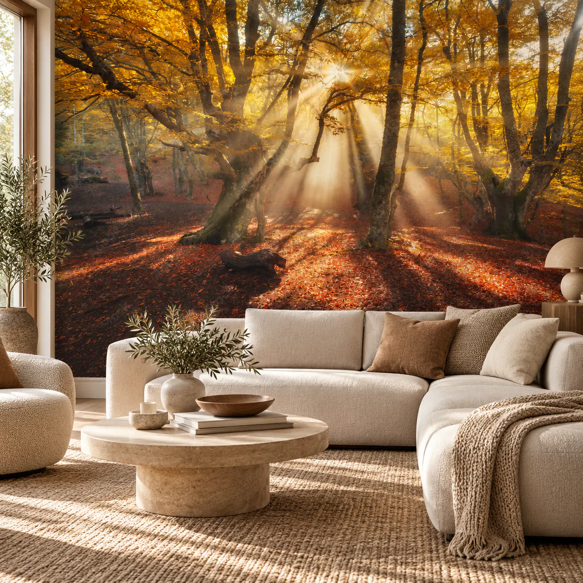 Murale de forêt aux rayons dorés derrière un canapé dans un salon
