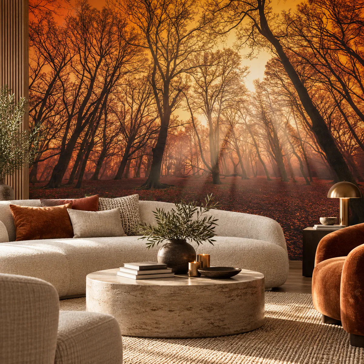 Murale d’arbres aux feuillages orangés dans un salon chaleureux