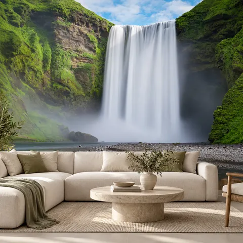 Skogafoss waterfall between green cliffs wall mural, 131891333