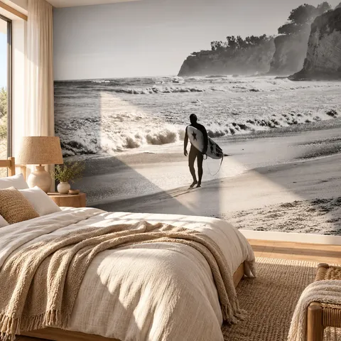 Black and white surfer on a beach mural 175928136 in a living room