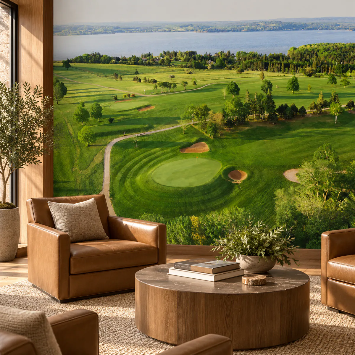 Lakeside golf course mural in a room with a golf simulator