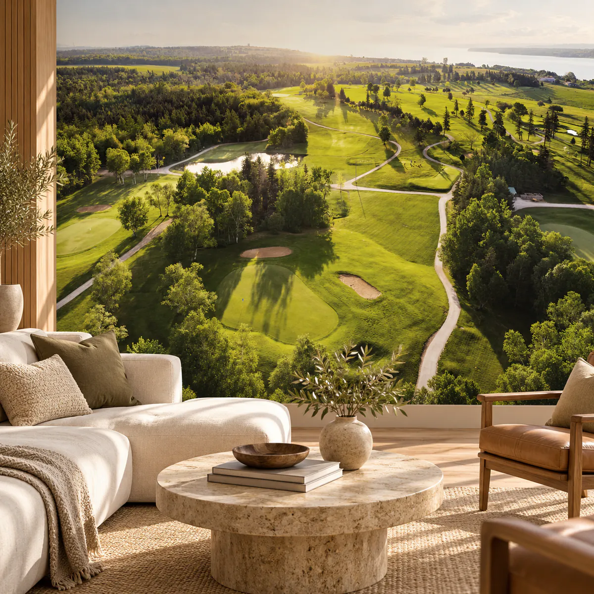 Overhead view of a wooded golf course mural in a simulator room