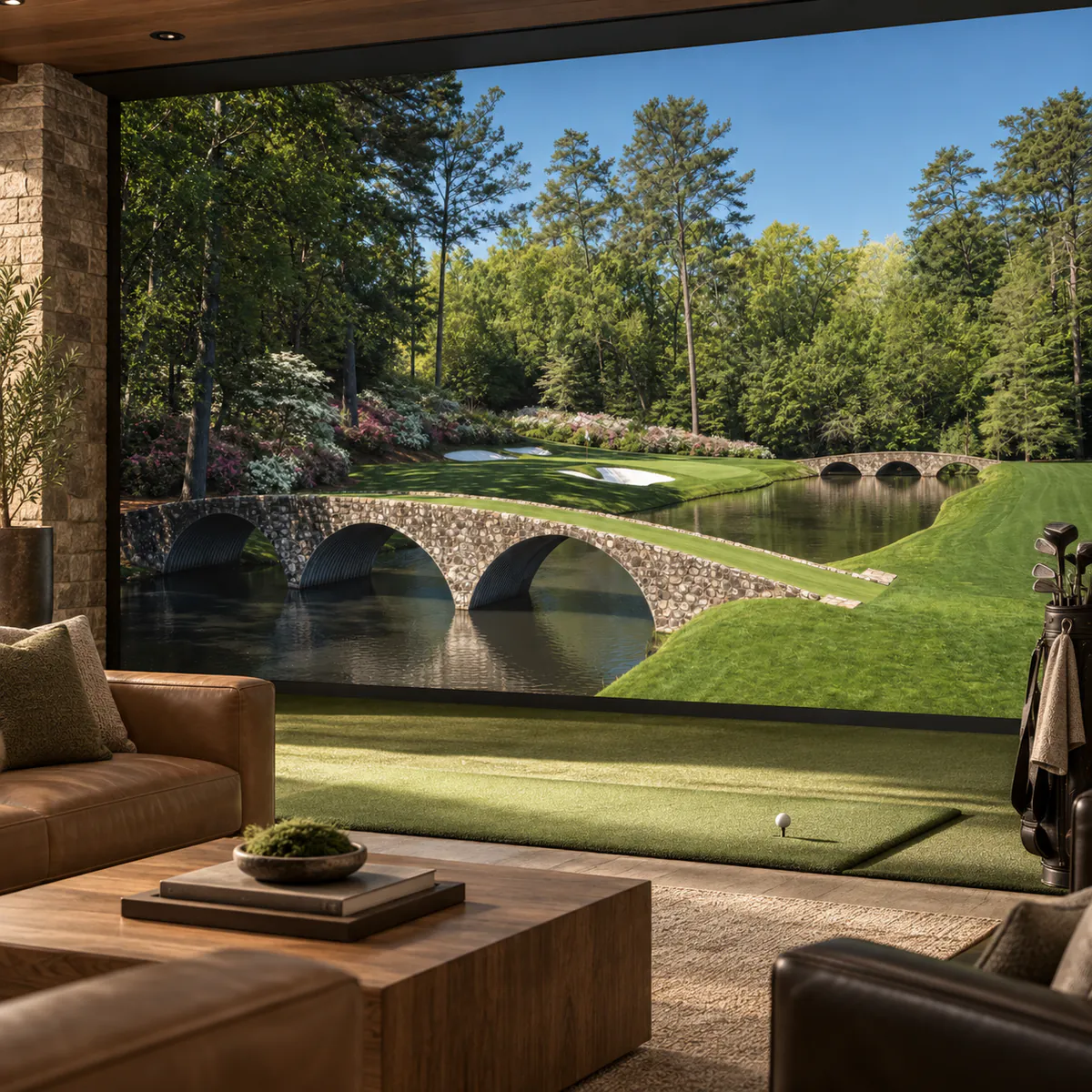 Augusta course and stone bridge mural in a golf simulator room