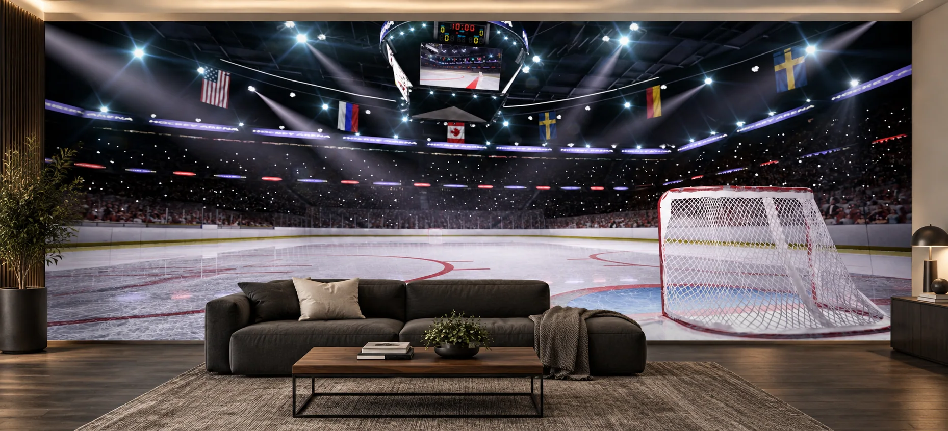 Hockey rink mural in a living room