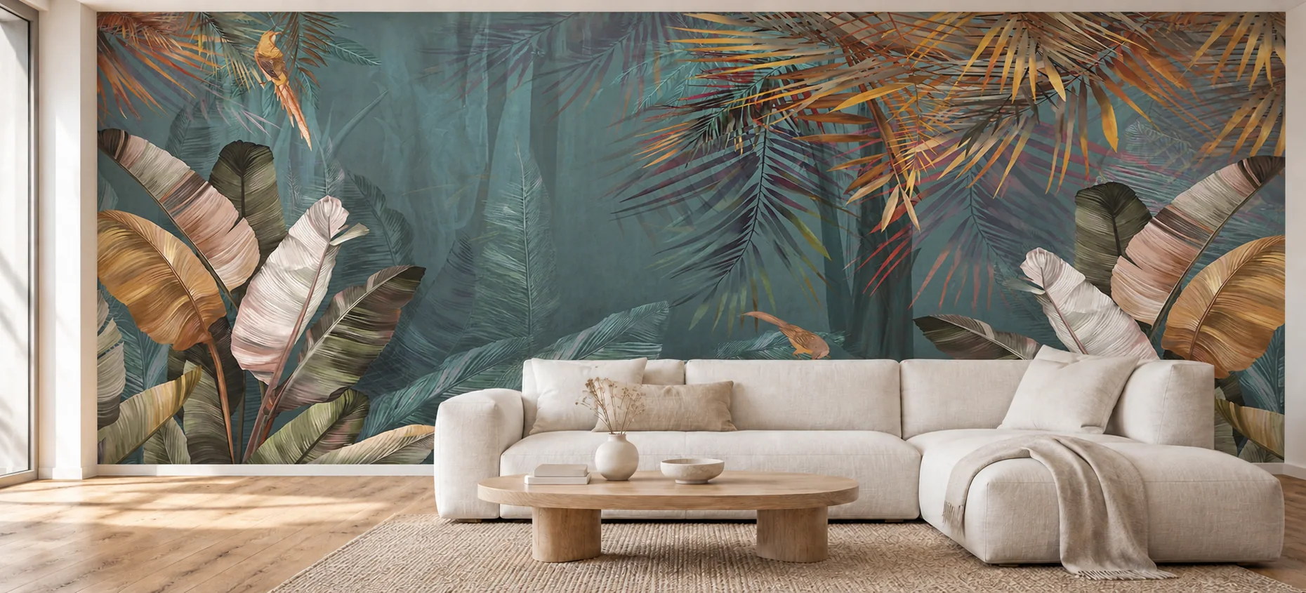 Tropical foliage mural in a living room