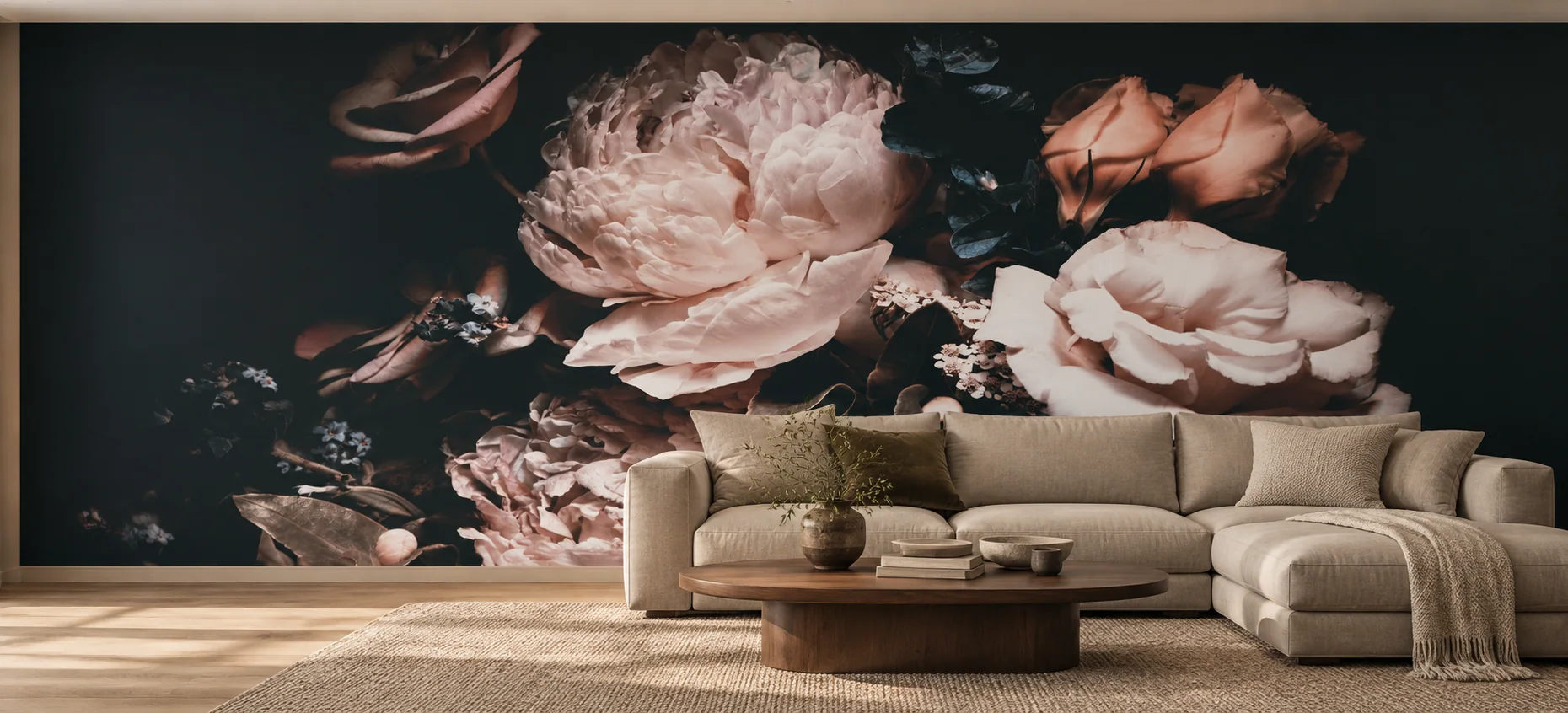 Large pink floral mural in a living room