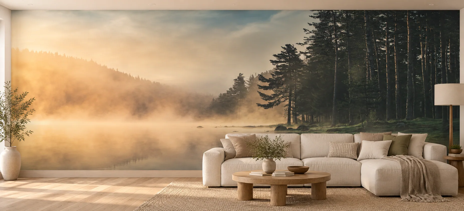 Lake and forest in golden mist