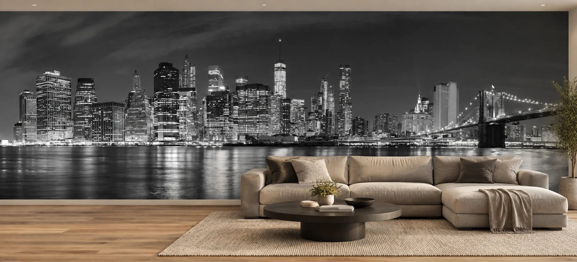 Black and white New York wall mural in a living room