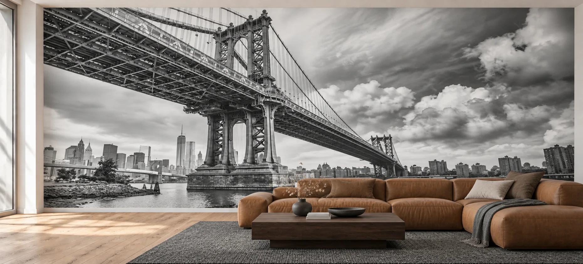Manhattan Bridge mural in a contemporary living room