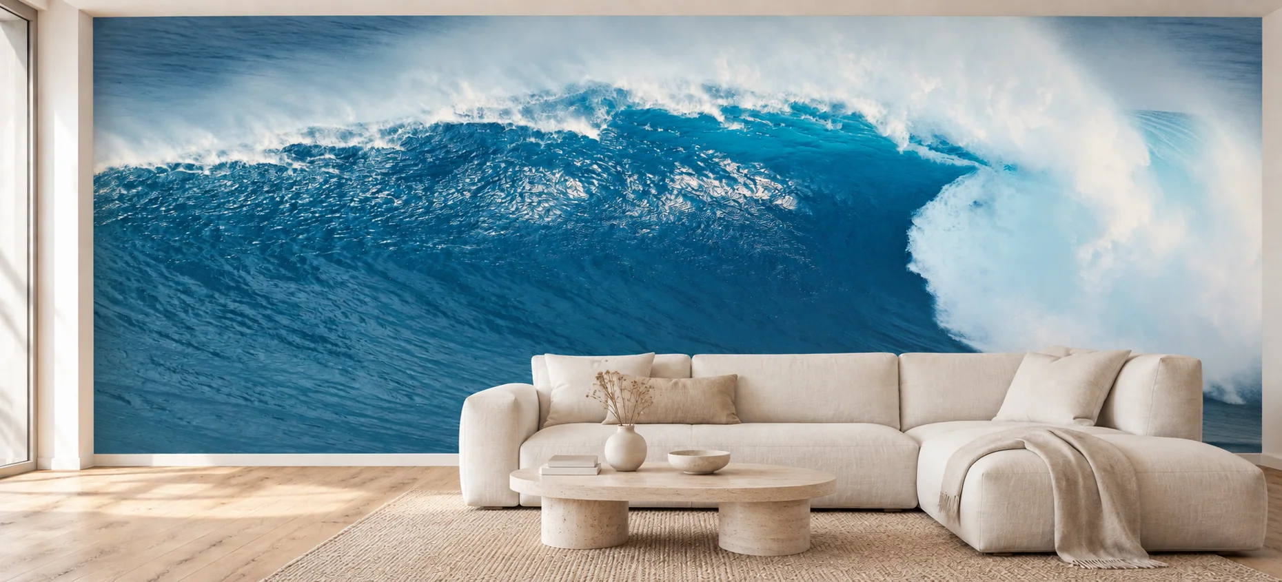 Blue ocean wave mural in a bright living room