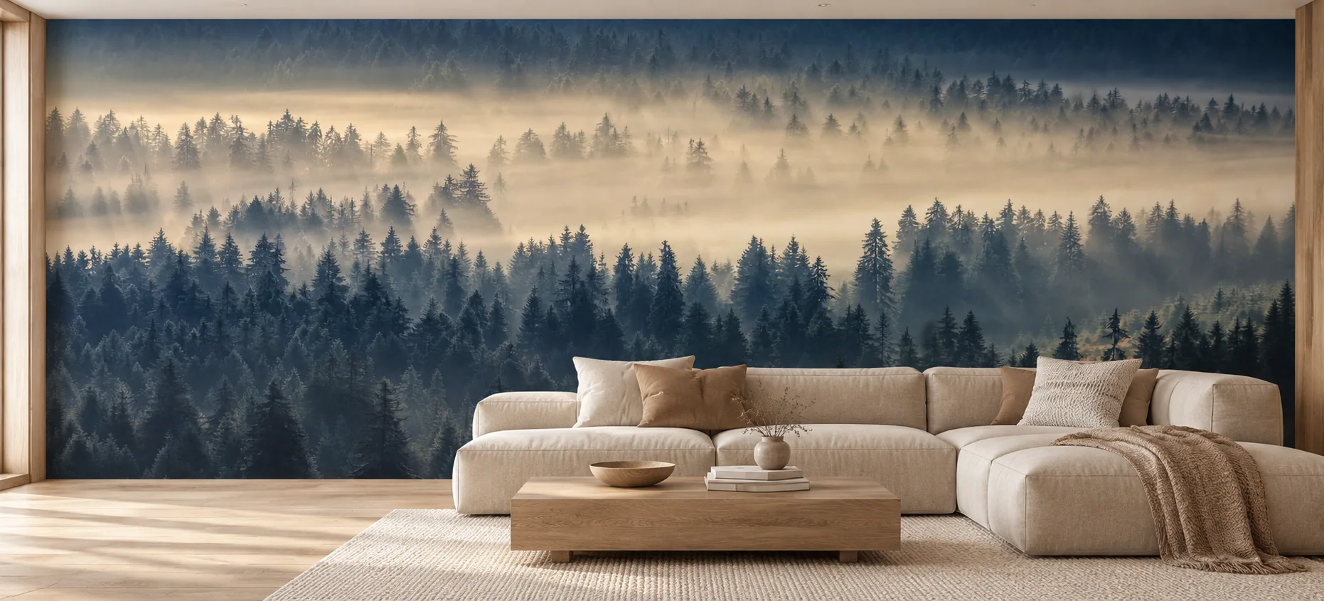 Blue forest and golden mist mural in a living room