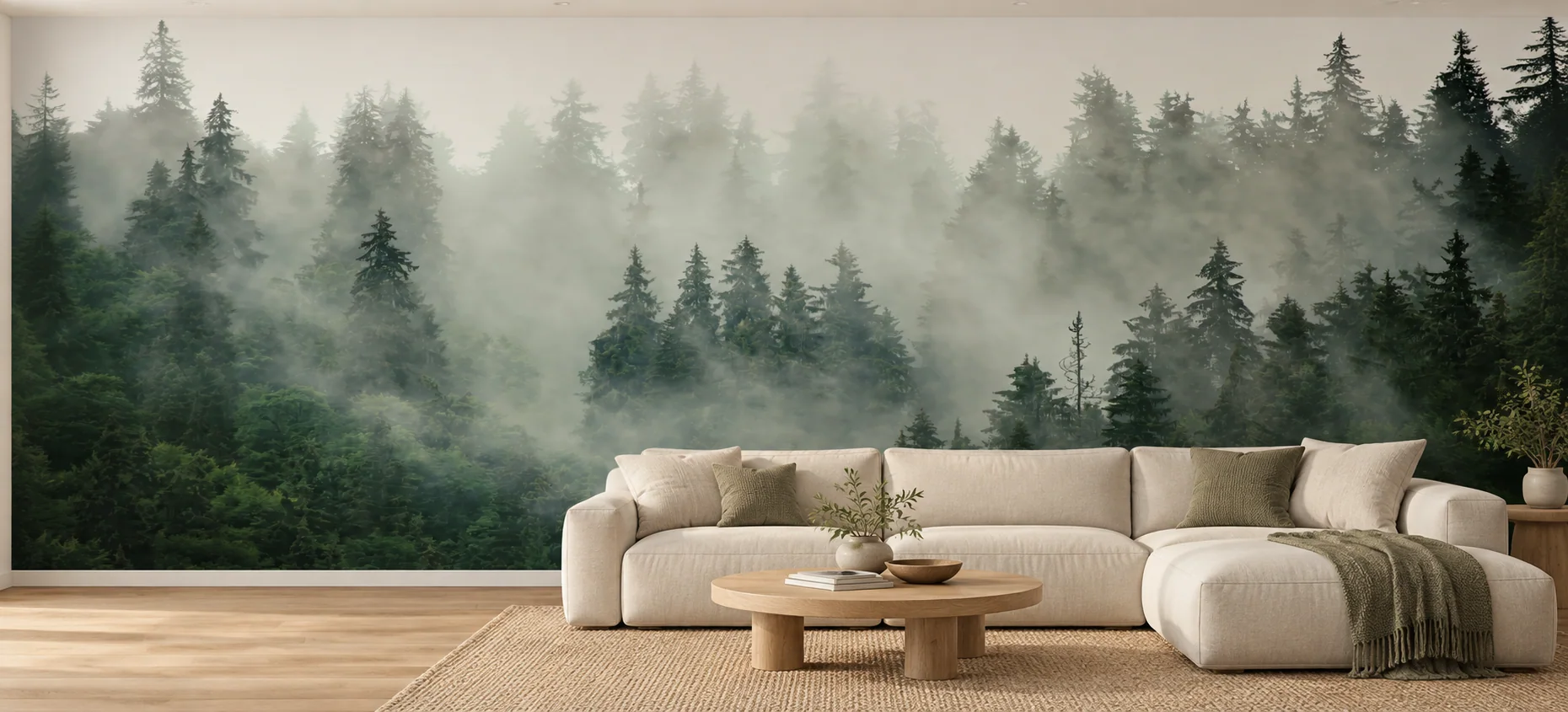 Misty green forest mural in a living room