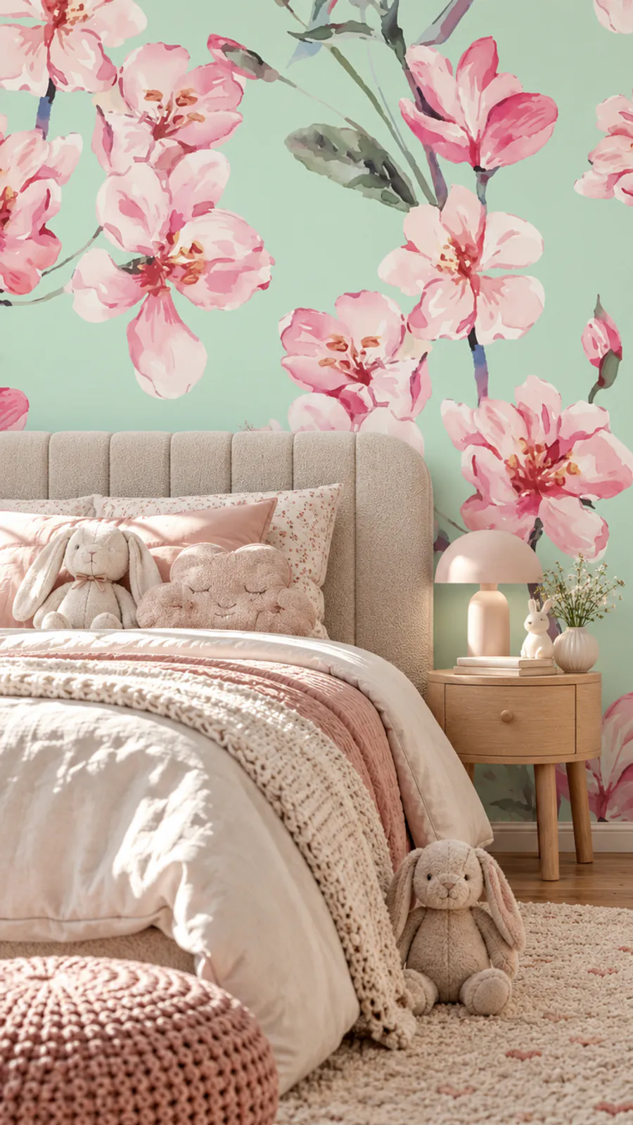Pink flowering branches on pale green mural 133860189 in a child’s room