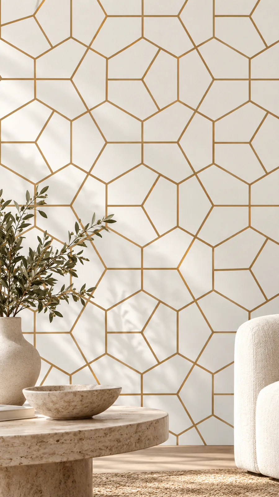Gold Art Deco hexagonal pattern wall mural, 136906345