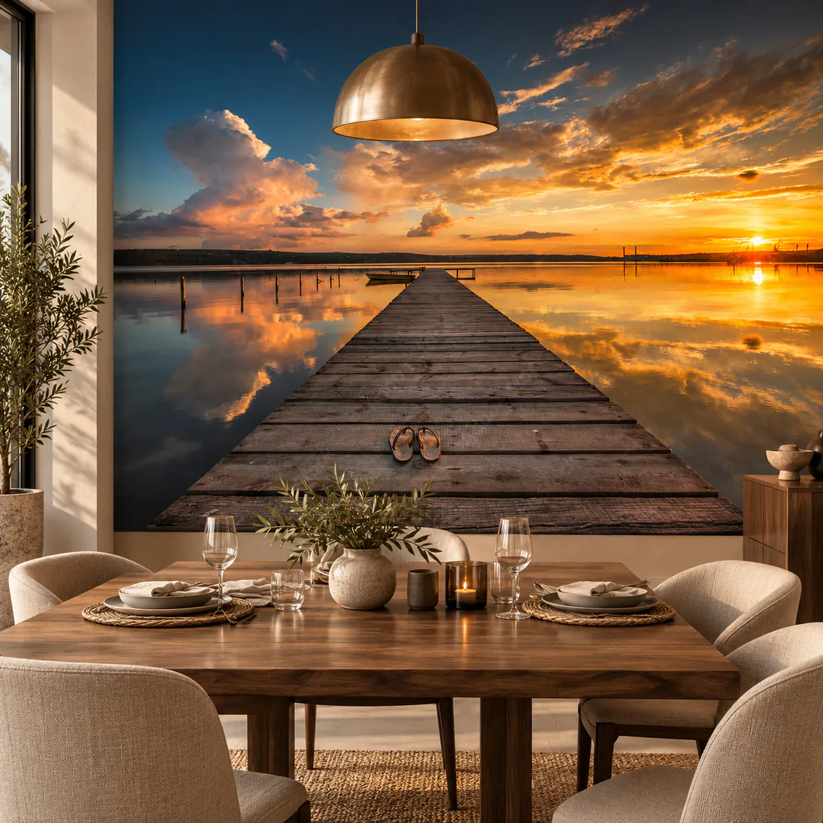Dock and small boat on a lake wall mural, 120129841