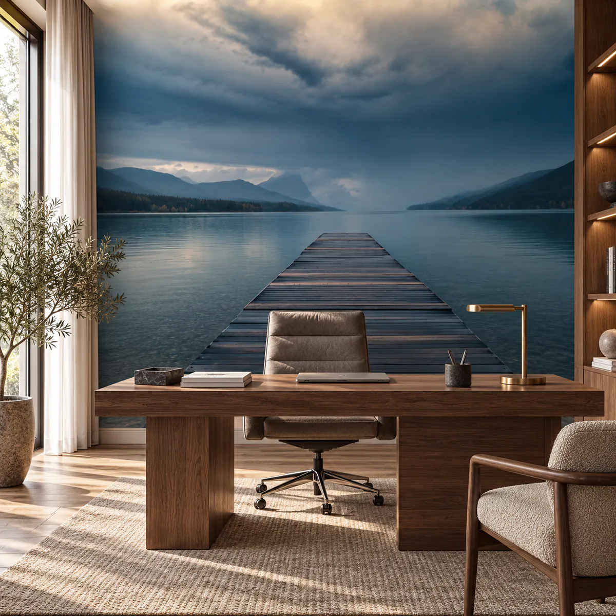 Dock on a still lake beneath a cloudy sky wall mural, 133945719