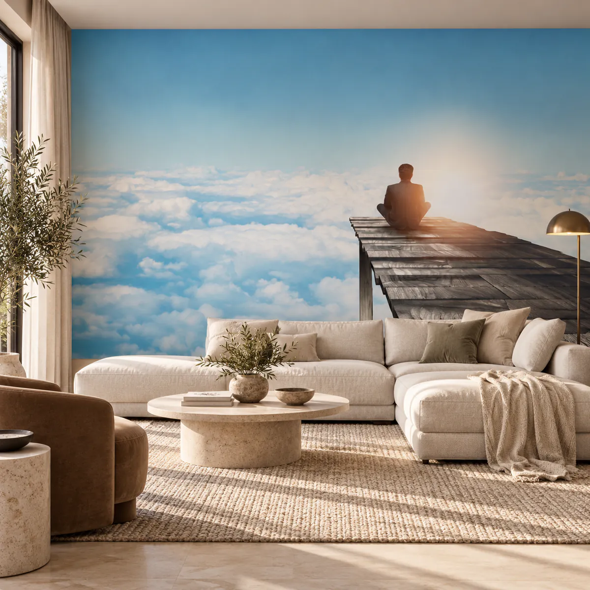 Man sitting at the end of a pier wall mural, 86860520