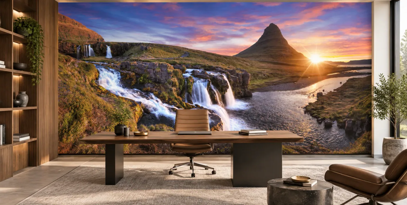 Murale du mont Kirkjufell avec cascades en Islande, image no 274313094