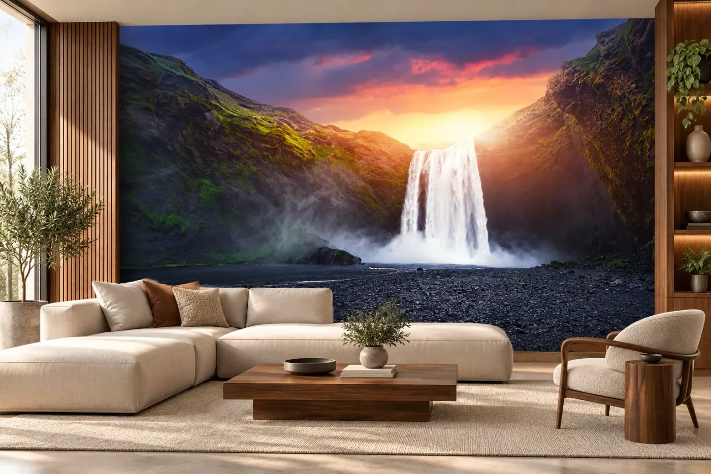 Murale de la cascade Skogafoss sous un ciel de coucher de soleil, image no 322477764